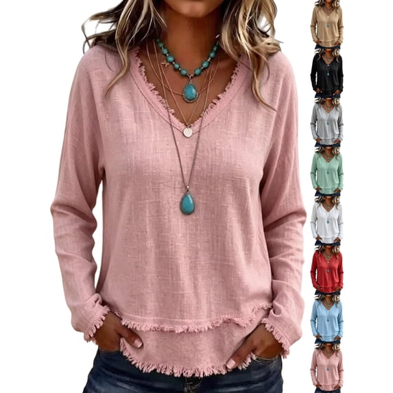 Fall Winter V Neck T-Shirts for Women Long Sleeve Loose Fit Basic Solid Casual Pullover Lightweight Everyday Layering Tops