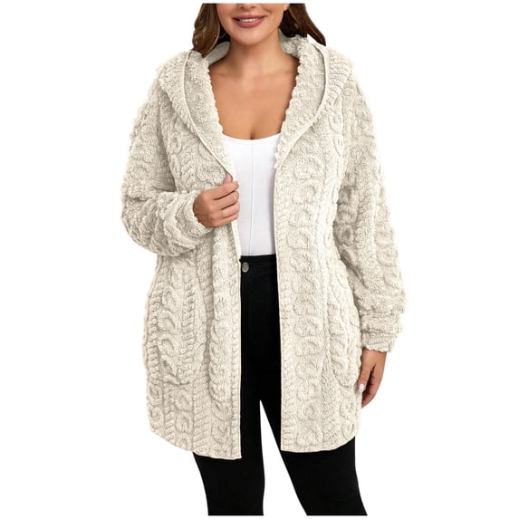 Fall and Winter Warm Fleece Jackets for Womens Fashion Plus Size Solid Color Faux Coats Long Sleeve Hoddede Pockets Fleece Jacket Casual Trendy Outerwear