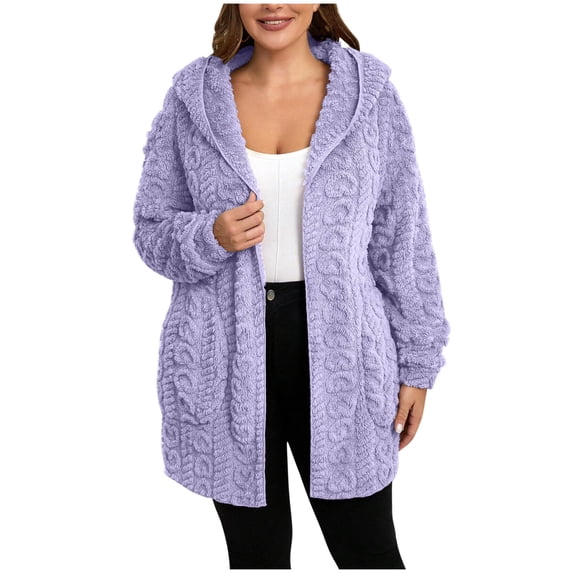 Fall and Winter Warm Fleece Jackets for Womens Fashion Plus Size Solid Color Faux Coats Long Sleeve Hoddede Pockets Fleece Jacket Casual Trendy Outerwear