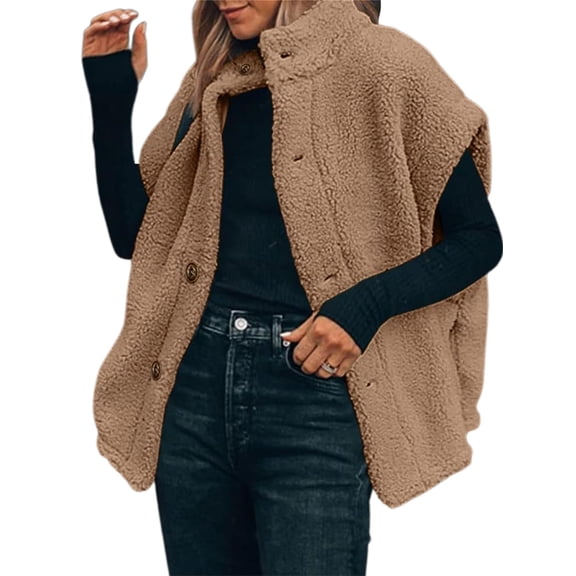Fall Winter Women Casual Loose Fleece Vest Oversize Button-up Sherpa Vest Jacket