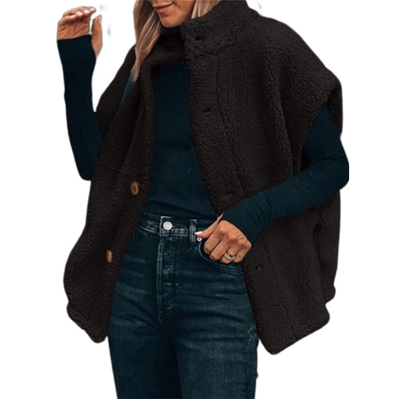 Fall Winter Women Casual Loose Fleece Vest Oversize Button-up Sherpa Vest Jacket