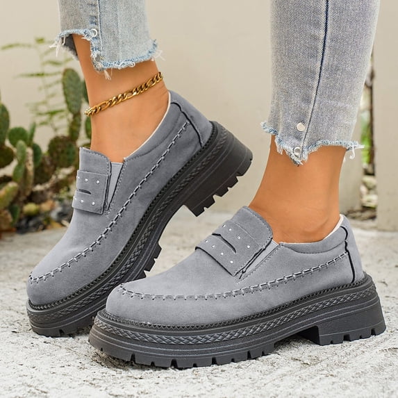 Fall Winter Women Chunky Platform Loafers, Faux Suede Buckle Slip‑On Shoes, Lug Sole Casual Shoes