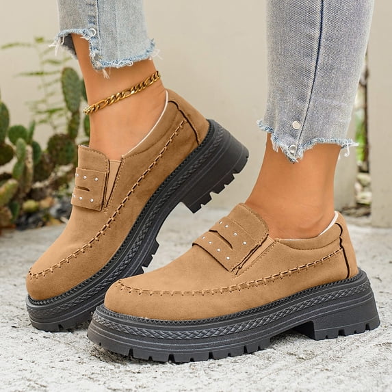 Fall Winter Women Chunky Platform Loafers, Faux Suede Buckle Slip‑On Shoes, Lug Sole Casual Shoes