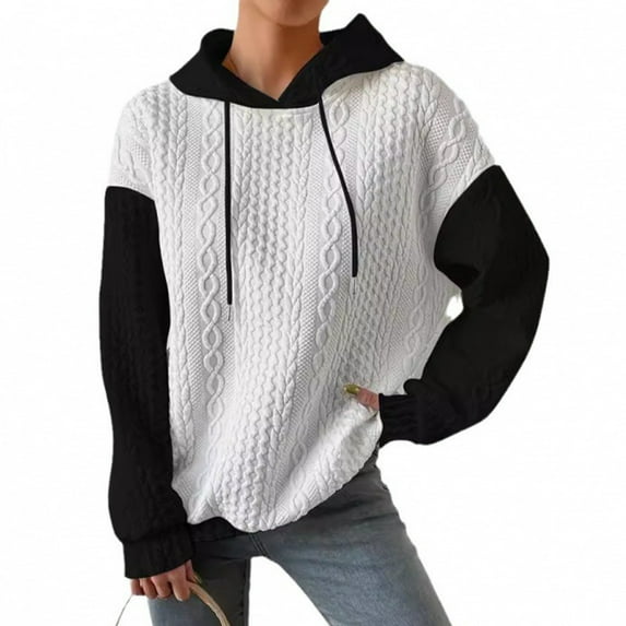 Fall Winter Women Hoodie Color Matching Drawstring Hooded Twisted Texture Long Sleeveless Loose Pullover Loose Pullover Daily Top Sport Clothes