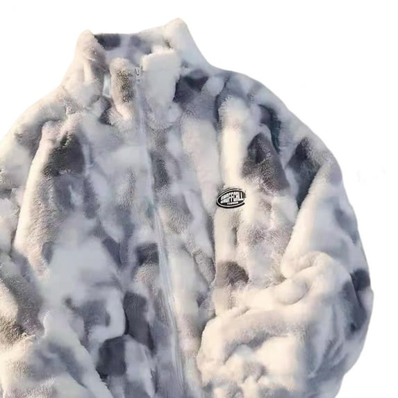 Fall Winter Women Jacket Double-sided Plush Tie-dye Stand Collar Zip-up Thickened Coat Long Sleeves Loose Windproof Commuting Coat