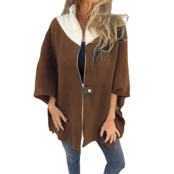 Fall Winter Women Jacket Loose Stand Collar Colorblock Zipper Closure Three-quarter Horn Sleeves Mid Length Casual Daily Wear Jacket
