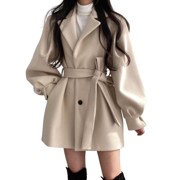 Fall Winter Women Jacket Turn-down Collar Single-breasted with Belt Thickened Jacket with Pockets Long Sleeves English Style A-line Dating Commuting Overcoat