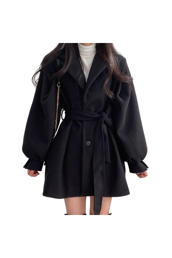 Fall Winter Women Jacket Turn-down Collar Single-breasted with Belt Thickened Jacket with Pockets Long Sleeves English Style A-line Dating Commuting Overcoat