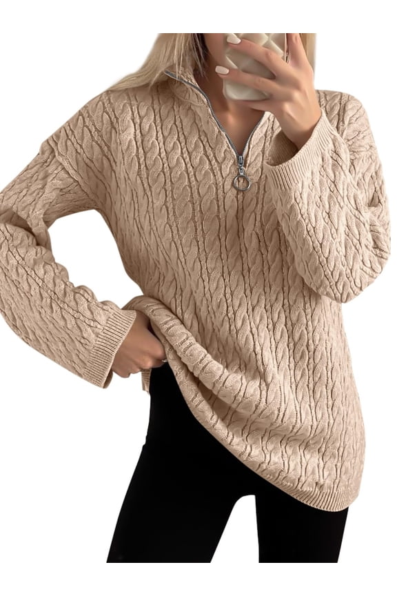 Fall Winter Women Long Sleeve Half Zip Sweater Casual Knit Pullover