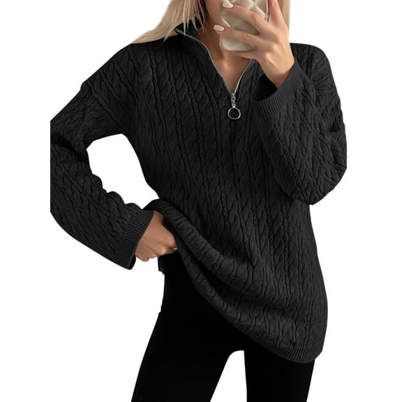 Fall Winter Women Long Sleeve Half Zip Sweater Casual Knit Pullover