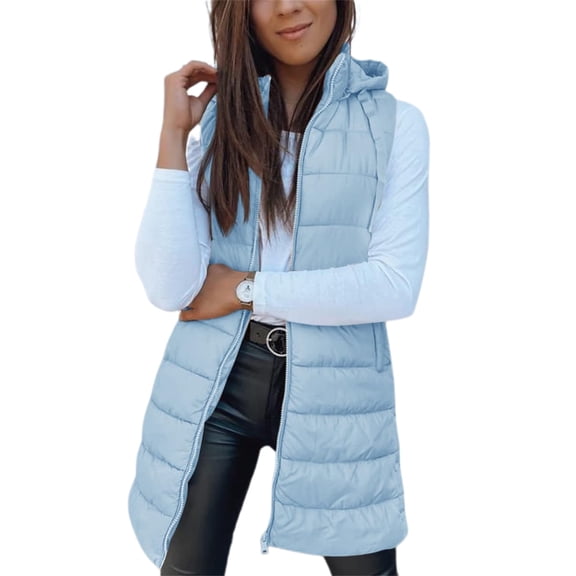 Fall Winter Women Sleeveless Long Vest Hooded Puffer Zipper Outwear Vest