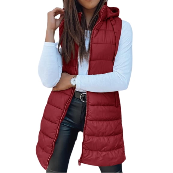 Fall Winter Women Sleeveless Long Vest Hooded Puffer Zipper Outwear Vest