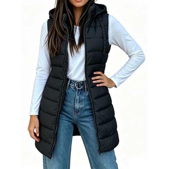 Fall Winter Women Sleeveless Long Vest Hooded Puffer Zipper Outwear Vest
