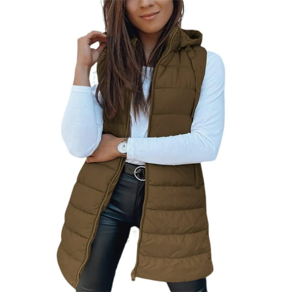Fall Winter Women Sleeveless Long Vest Hooded Puffer Zipper Outwear Vest