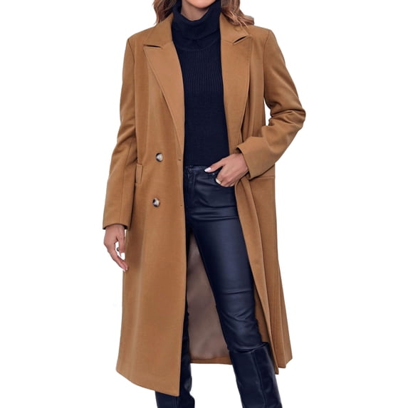Fall Winter Women Solid Color Long Sleeve Double Breasted Casual Lapel Long Trench Coat