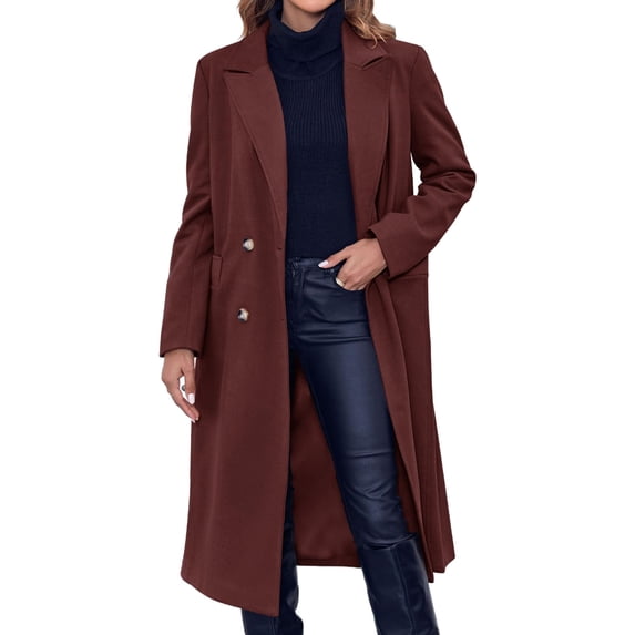 Fall Winter Women Solid Color Long Sleeve Double Breasted Casual Lapel Long Trench Coat
