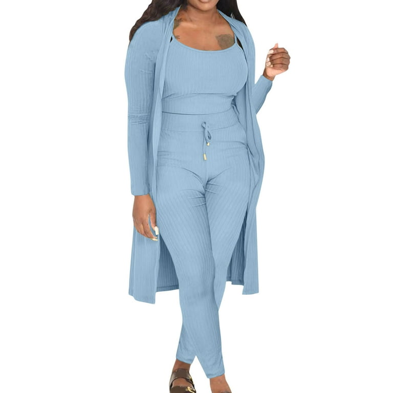 Fall Winter Women Stretchy Wear 2022 Solid Color 3 Piece Pants Set Ladies  Ribbed Casual Three Pcs Outfits Work Suit Women Light Blue M 