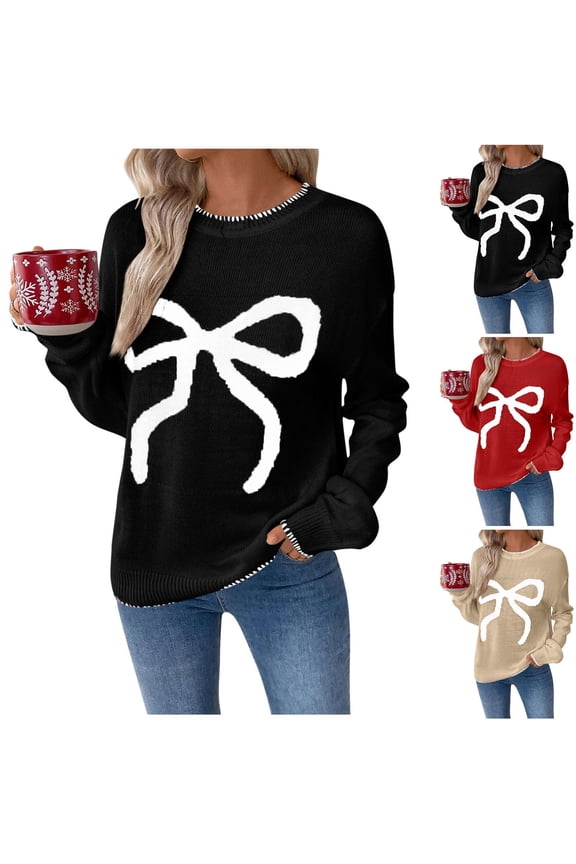 Fall/Winter Women Warm Clothes,Blouse for Women,,Women Casual Tops Women Shirts Christmas Style Bow Plaid Embroidered Round Neck Sweater for Fall Winter Tops