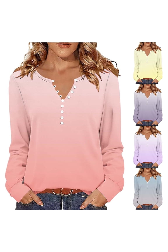 Fall/Winter Women Warm Clothes,Blouse for Women,,Women Casual Tops Women Shirts Gradient Printed V Neck Button Long Sleeve Slim Pulr for Fall Winter Tops