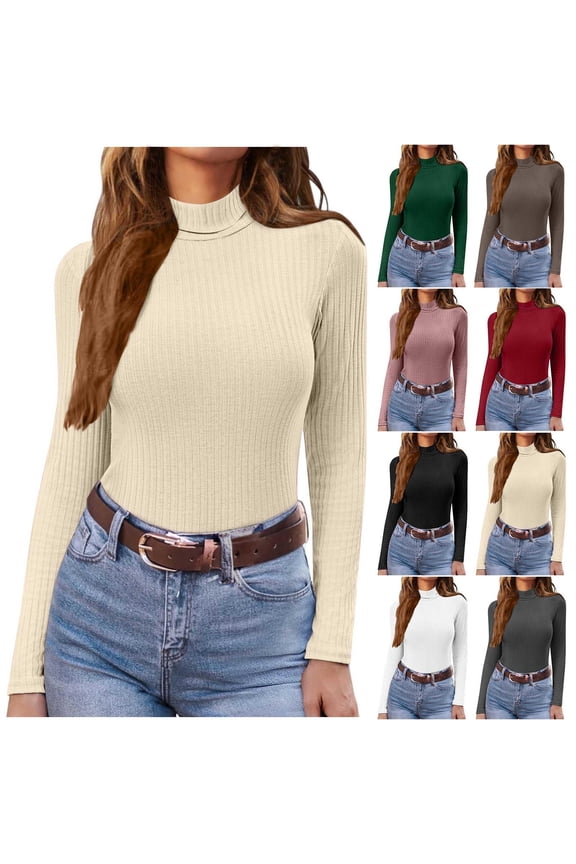 Fall/Winter Women Warm Clothes,Blouse for Women,,Women Casual Tops Women Shirts Solid Color Ribbed Brushed High Neck Long Sleeve Base Layer for Fall Winter Tops