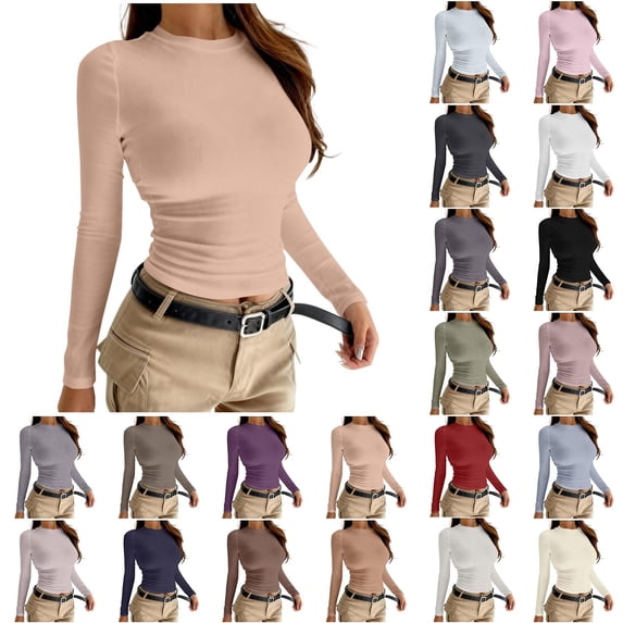 Bixock Fall/Winter Women Warm Clothes,Blouse for Women,,Women Casual Tops Women Shirts Solid Color Round Neck Long Sleeve Tight Stretch Tee for Fall Winter Tops