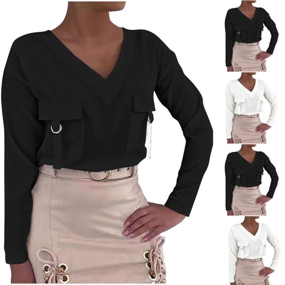 Fall/Winter Women Warm Clothes,Blouse for Women,,Women Casual Tops Women Shirts Solid Color V Neck Long Sleeve with Pocket Casual Pulr for Fall Winter Tops