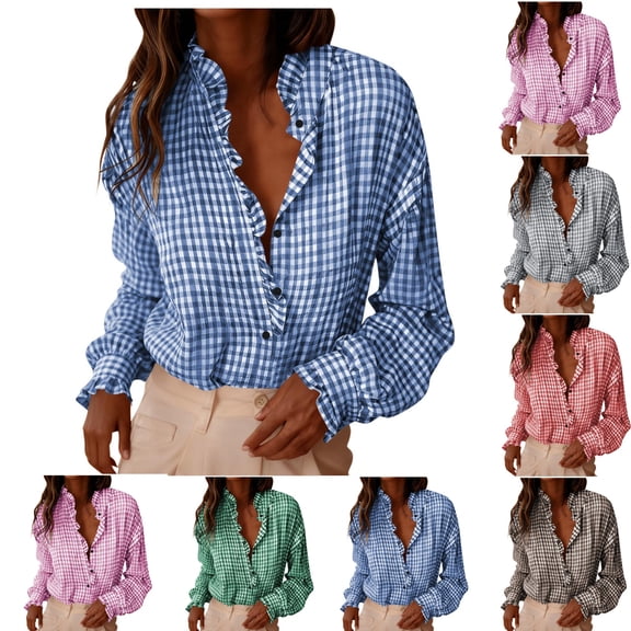 Fall/Winter Women Warm Clothes,Blouse for Women,,Women Tops Women Blouse Regular Plaid Striped Roll Sleeve Button Front Long Sleeve Shirt for Fall Winter Tops