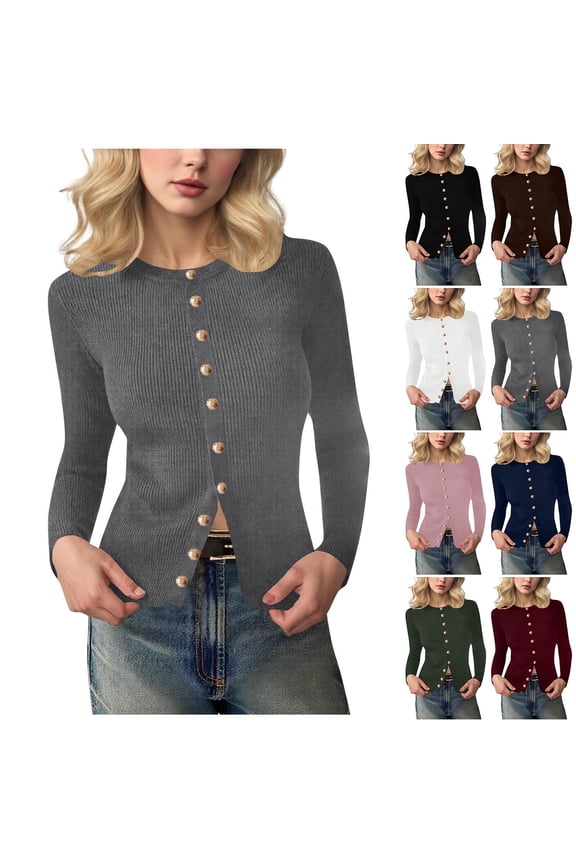 Fall/Winter Women Warm Clothes,Blouse for Women,,Women Tops Women Blouse Solid Color Knit Button Long Sleeve Round Neck Slim Sweater for Fall Winter Tops
