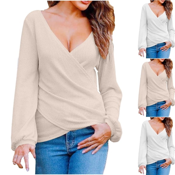 Fall/Winter Women Warm Clothes,Blouse for Women,,Women Casual Tops Women Shirts Solid Color V Neck Front Long Sleeve Loose Pulr for Fall Winter Tops