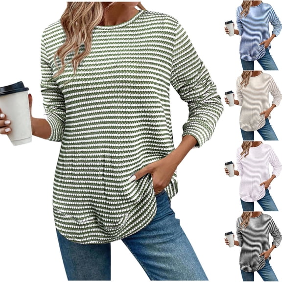 Fall/Winter Women Warm Clothes,Blouse for Women,,Women Casual Tops Women Shirts Striped Round Neck Long Sleeve Casual Loose Pulr for Fall Winter Tops