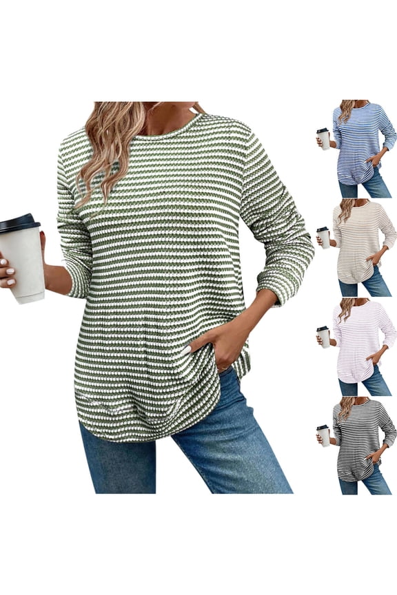 Fall/Winter Women Warm Clothes,Blouse for Women,,Women Casual Tops Women Shirts Striped Round Neck Long Sleeve Casual Loose Pulr for Fall Winter Tops
