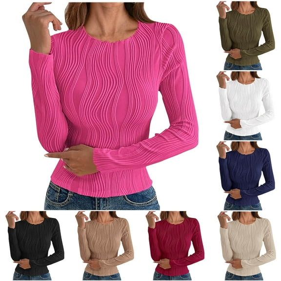 Fall/Winter Women Warm Clothes,Blouse for Women,,Women Tops for Women Blouse Round Neck Textured Long Sleeve Slim Stretch Knit for Fall Winter Tops