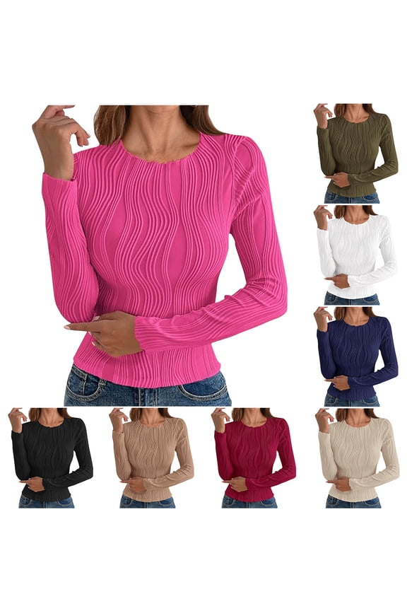 Fall/Winter Women Warm Clothes,Blouse for Women,,Women Tops for Women Blouse Round Neck Textured Long Sleeve Slim Stretch Knit for Fall Winter Tops