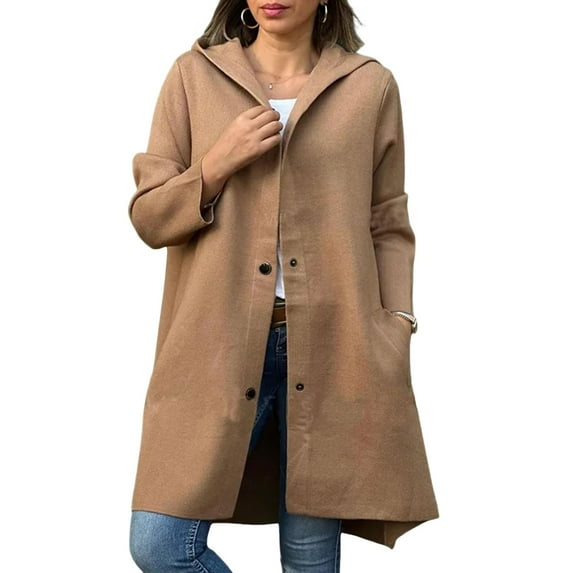 Fall Winter Women Woolen Jacket Hooded Mid Length Hoop Decor at Back Single-breasted Long Sleeves Solid Color Commuting Daily Wear Overcoat