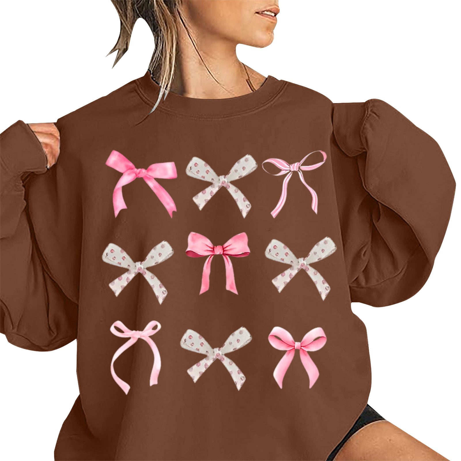 Fall/Winter Women's Hoodless Sweatshirt – Loose Crewneck, Bow Print ...