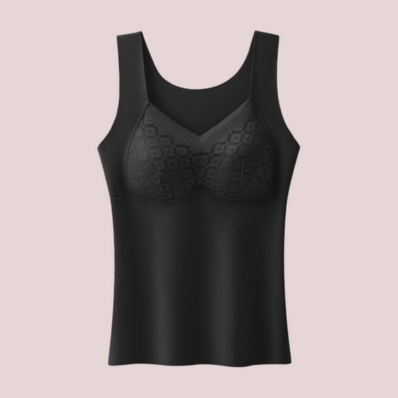 Fall & Winter Women's Solid Color Inner Top - Warm Seamless Tank with Built-In Chest Pad, Velvet-Lined All-in-One Underwear Base Layer Black L
