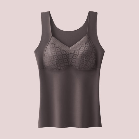 Fall & Winter Women's Solid Color Inner Top - Warm Seamless Tank with Built-In Chest Pad, Velvet-Lined All-in-One Underwear Base Layer Gray XL