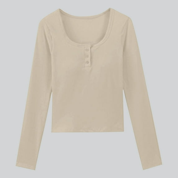 Fall Winter Women's Tops Long Sleeve Round Neck Blouse with Bra Padding Half Botton-up Casual Solid Color Top Wear Effortless Outfit Seamless Layering Shirt Plus Size