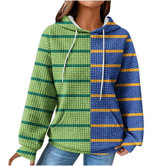 Fall Winter Womens Hoodies Color Block Casual Long Sleeve Drawstring Waffle Pullover Tops Loose Hooded Sweatshirt with Pocket,Green,L