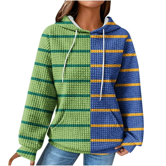 Fall Winter Womens Hoodies Color Block Casual Long Sleeve Drawstring Waffle Pullover Tops Loose Hooded Sweatshirt with Pocket,Green,S
