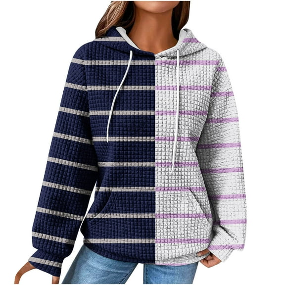 Fall Winter Womens Hoodies Color Block Casual Long Sleeve Drawstring Waffle Pullover Tops Loose Hooded Sweatshirt with Pocket,Navy,XL