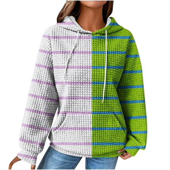 Fall Winter Womens Hoodies Color Block Casual Long Sleeve Drawstring Waffle Pullover Tops Loose Hooded Sweatshirt with Pocket,White,XL