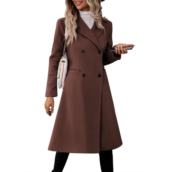 Fall Winter Womens Long Double Breasted Coats Lapel Collar Pea Coat Slim Fit Jackets Trench Coat Outwear