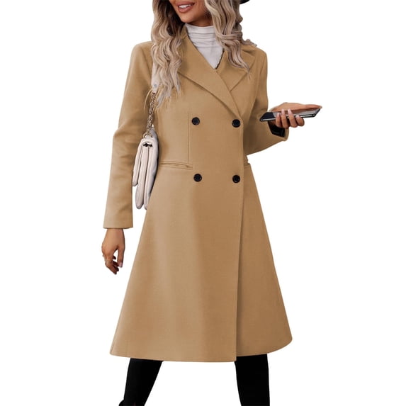 Fall Winter Womens Long Double Breasted Coats Lapel Collar Pea Coat Slim Fit Jackets Trench Coat Outwear