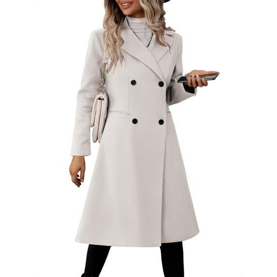 Fall Winter Womens Long Double Breasted Coats Lapel Collar Pea Coat Slim Fit Jackets Trench Coat Outwear