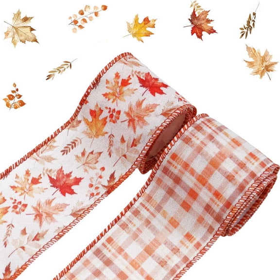 Fall Wired Edge Ribbon 2rolls Orange Foliage Grid Fabric Ribbon for Autumn Thanksgiving Wreath Bow DIY Crafts(Each Roll 2.48in5yd)