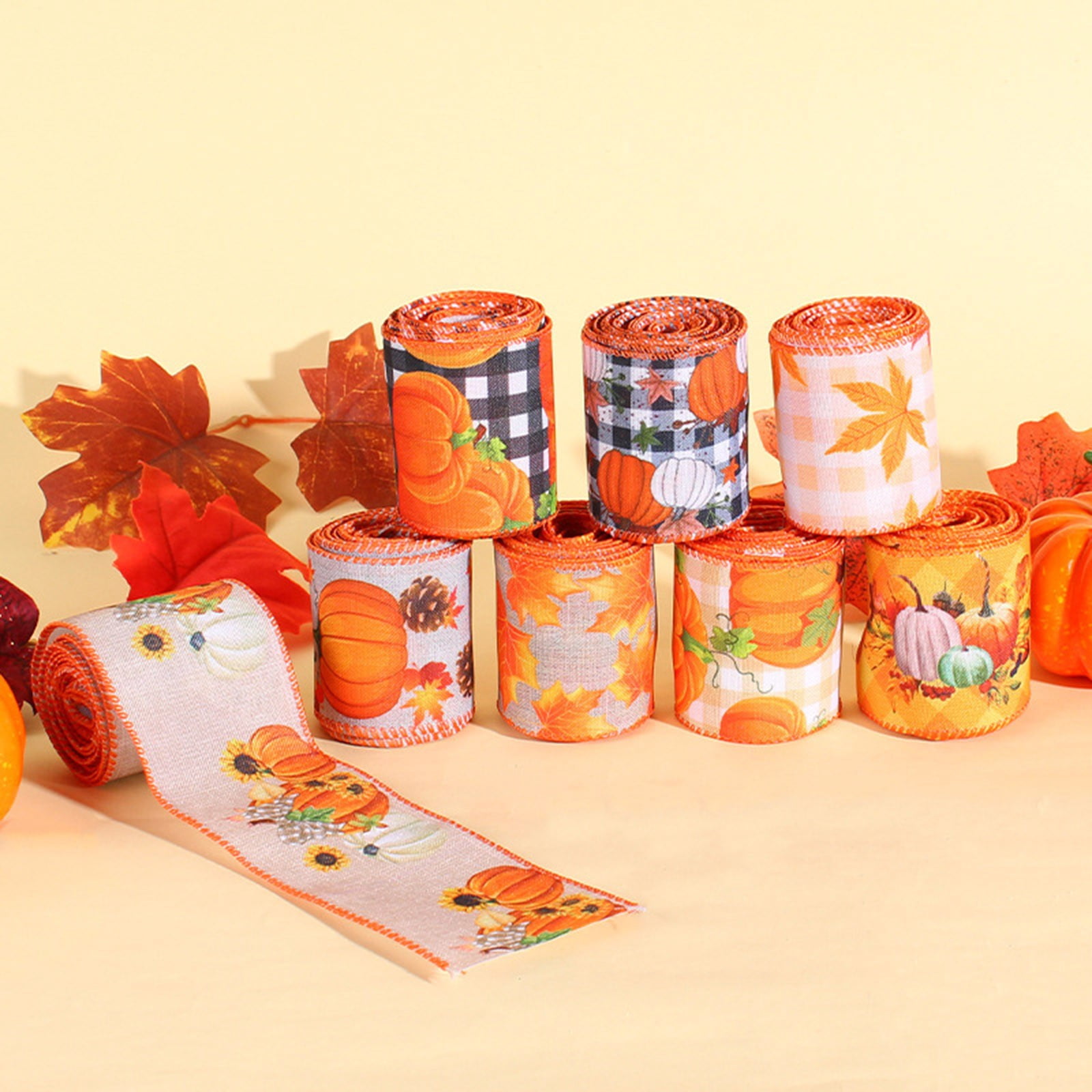 Fall Ribbon Images Fall Wired Edge Ribbon with Pumpkin and Maple Leaf Print, Flexible ...