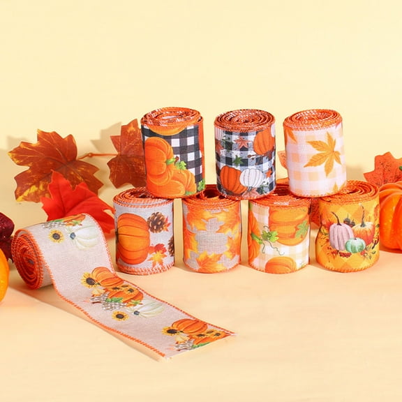 Fall Wired Edge Ribbon with Pumpkin and Maple Leaf Print, Flexible Craft Ribbon for Thanksgiving Decor and Gift Wrapping