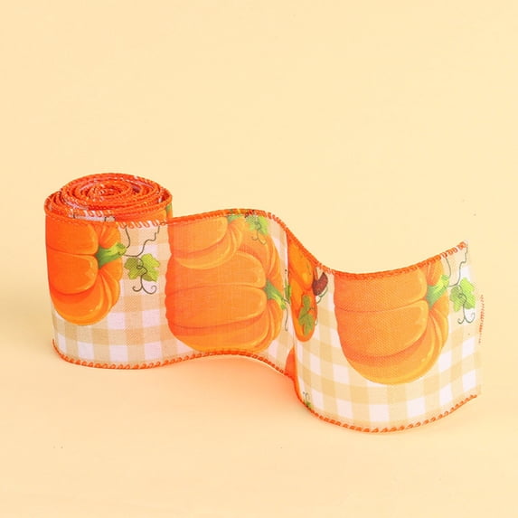 Fall Wired Ribbon 2m Pumpkin Pattern Thanksgiving Craft Ribbon, Autumn Wrapping Bow Ribbon for Wreath Making, Gift Packaging, Home Decoration, Orange