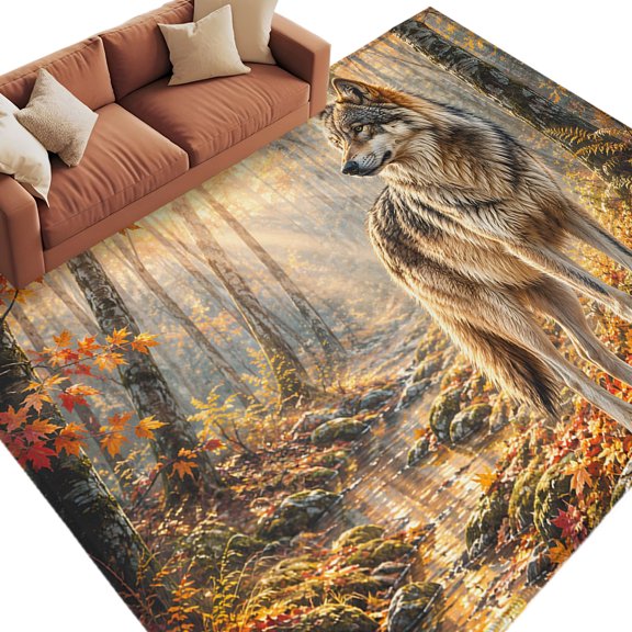 Fall Wolf Area Rug 8x10 Washable Rug Non Slip Autumn Forest Wild Animals Maple Leaves Large Area Rug Soft Stainresistant Indoor Floor Carpet for Living Room Bedroom Home Office Dining Room Nursery